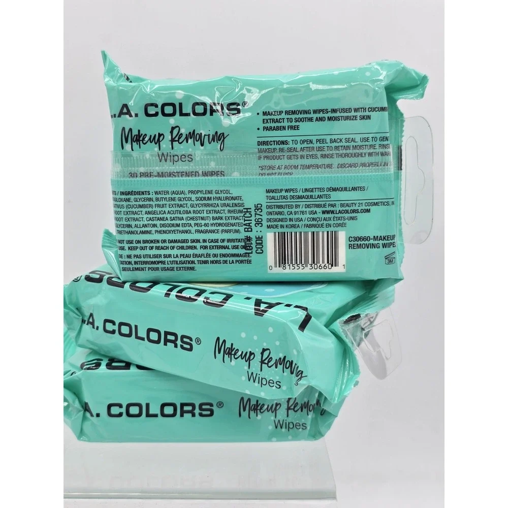 3 Pack L.A. COLORS‎ MAKEUP REMOVING WIPES 30CT C30660 Cucumber Extract